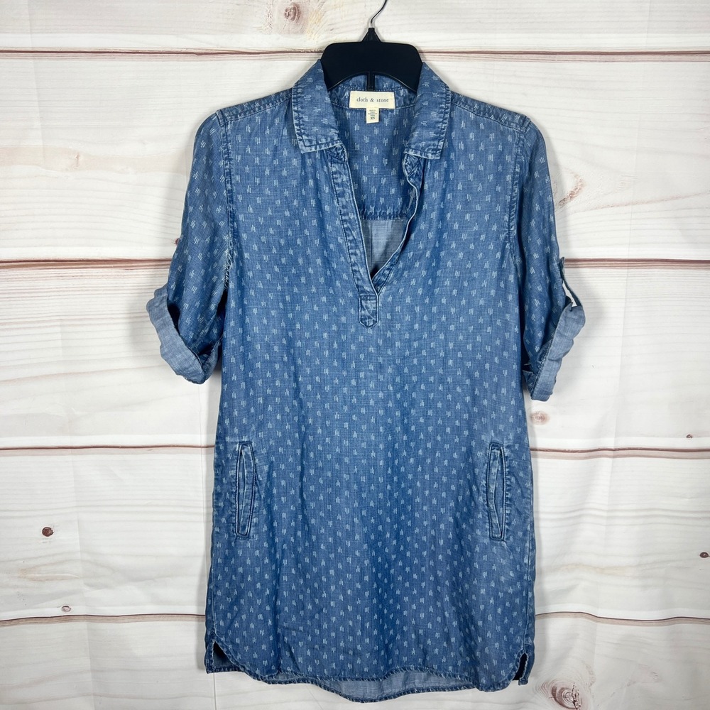 Cloth & Stone Chambray‎ Dress Women XS Blue Geometric Shirtdress Short Sleeve